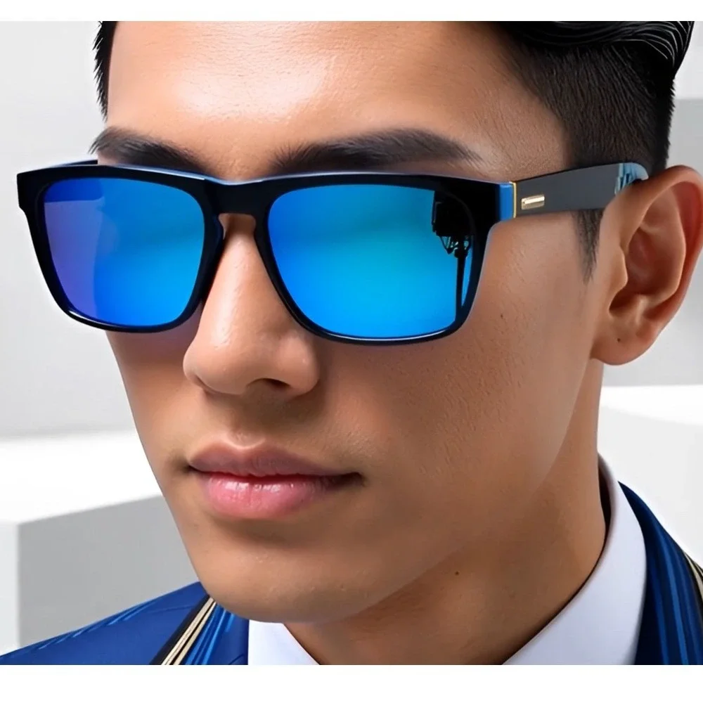 Polarized Sunglasses Men Blue Mirror Lens Black Blue Frame Sporty Style Athletic